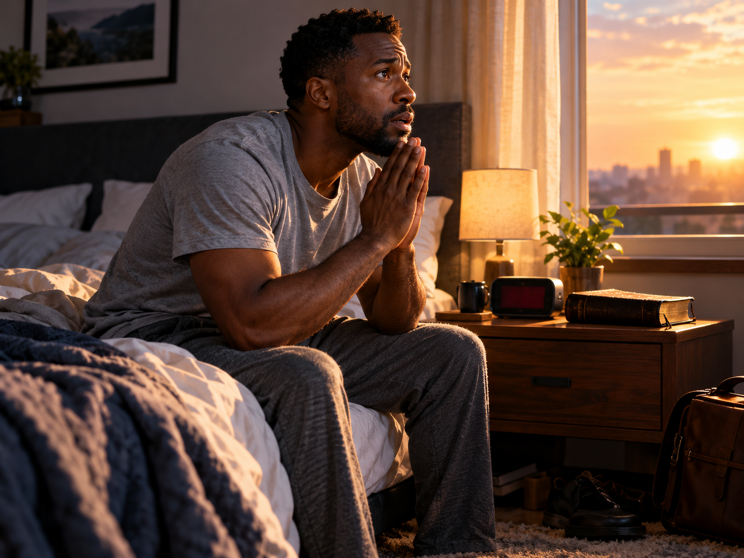 Man waking suddenly at dawn and checking the time, reflecting the spiritual message of living ready.
