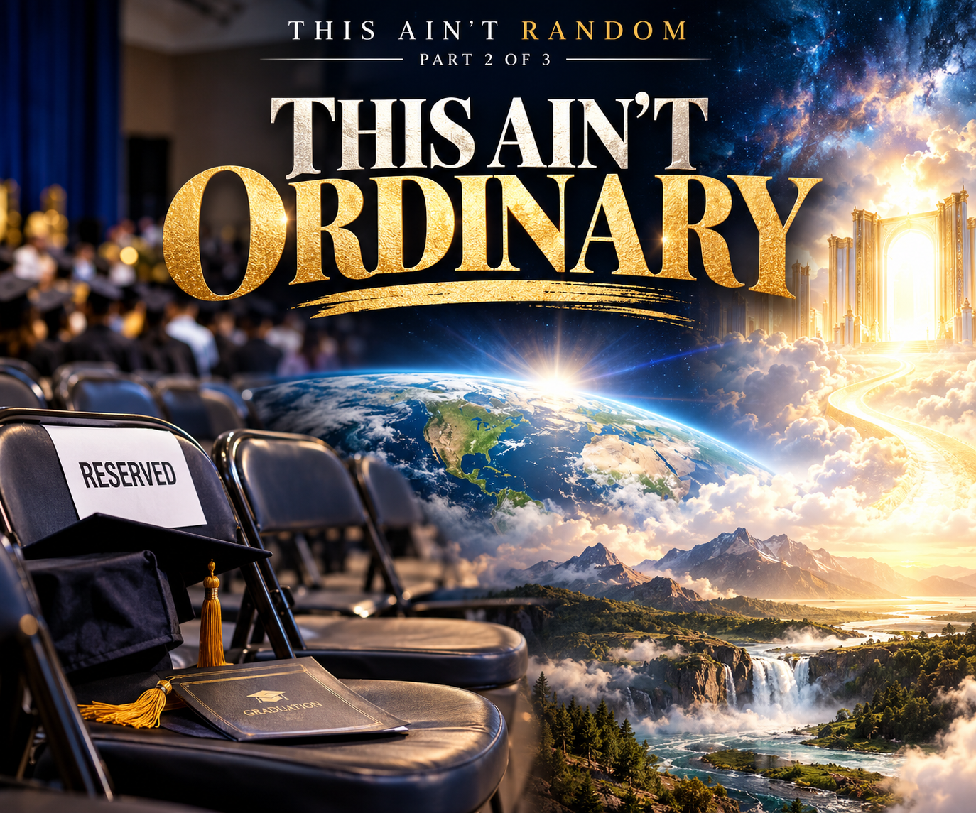 This Ain’t Ordinary devotional artwork showing reserved graduation seats, the Earth, and a radiant heavenly doorway.